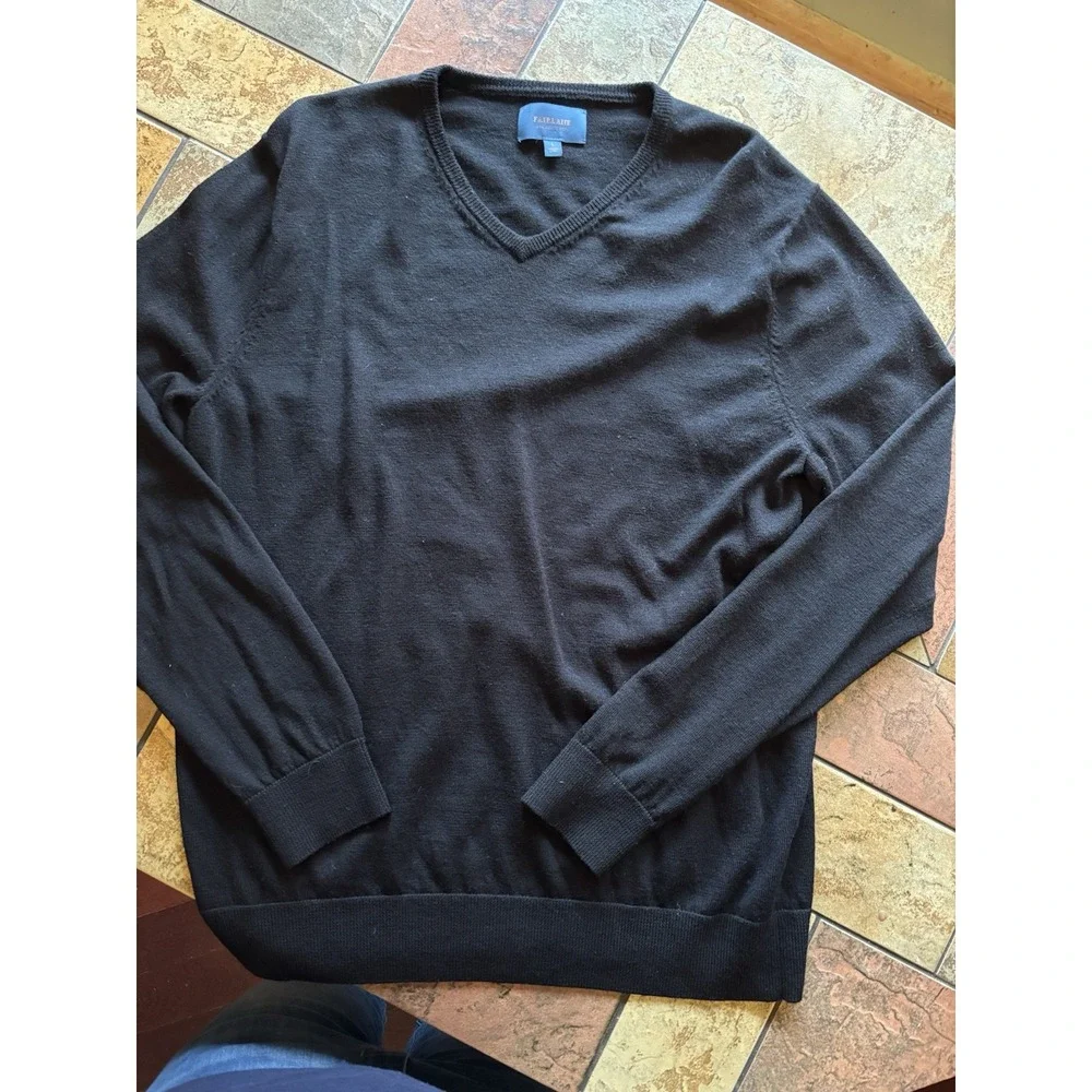 Fairlane Merino Wool Sweater Mens L V Neck Pullover Black Lightweight Preppy G13